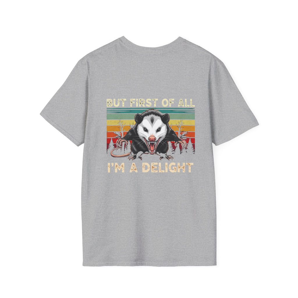 Opossum Graphic Tee — “But First Of All I’m A Delight” Vintage Sunset T-Shirt