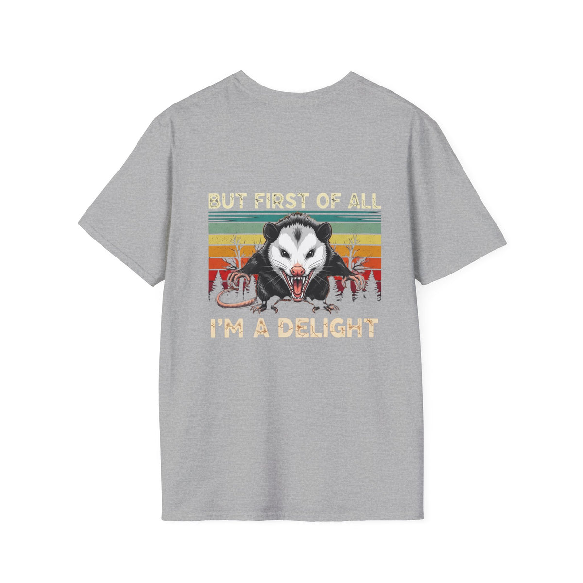 Opossum Graphic Tee — “But First Of All I’m A Delight” Vintage Sunset T-Shirt