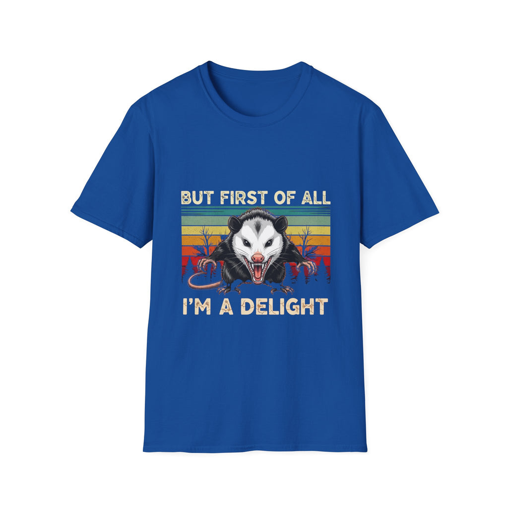 Opossum Graphic Tee — “But First Of All I’m A Delight” Vintage Sunset T-Shirt