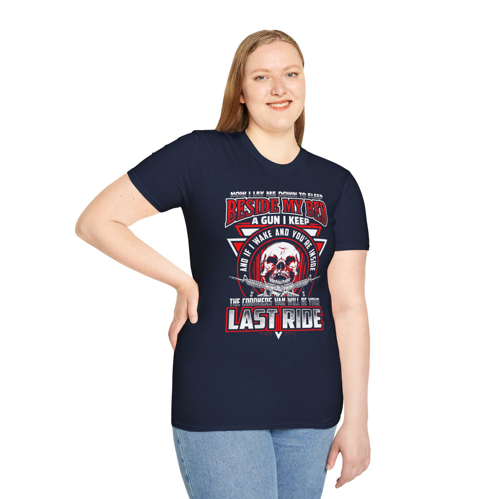 T-Shirt — "Beside My Bed a Gun I Keep" Skull Graphic