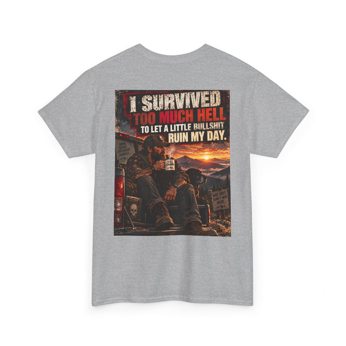 I Survived Too Much Hell T-Shirt – Veteran/Resilient Motorcycle Rider Graphic Tee