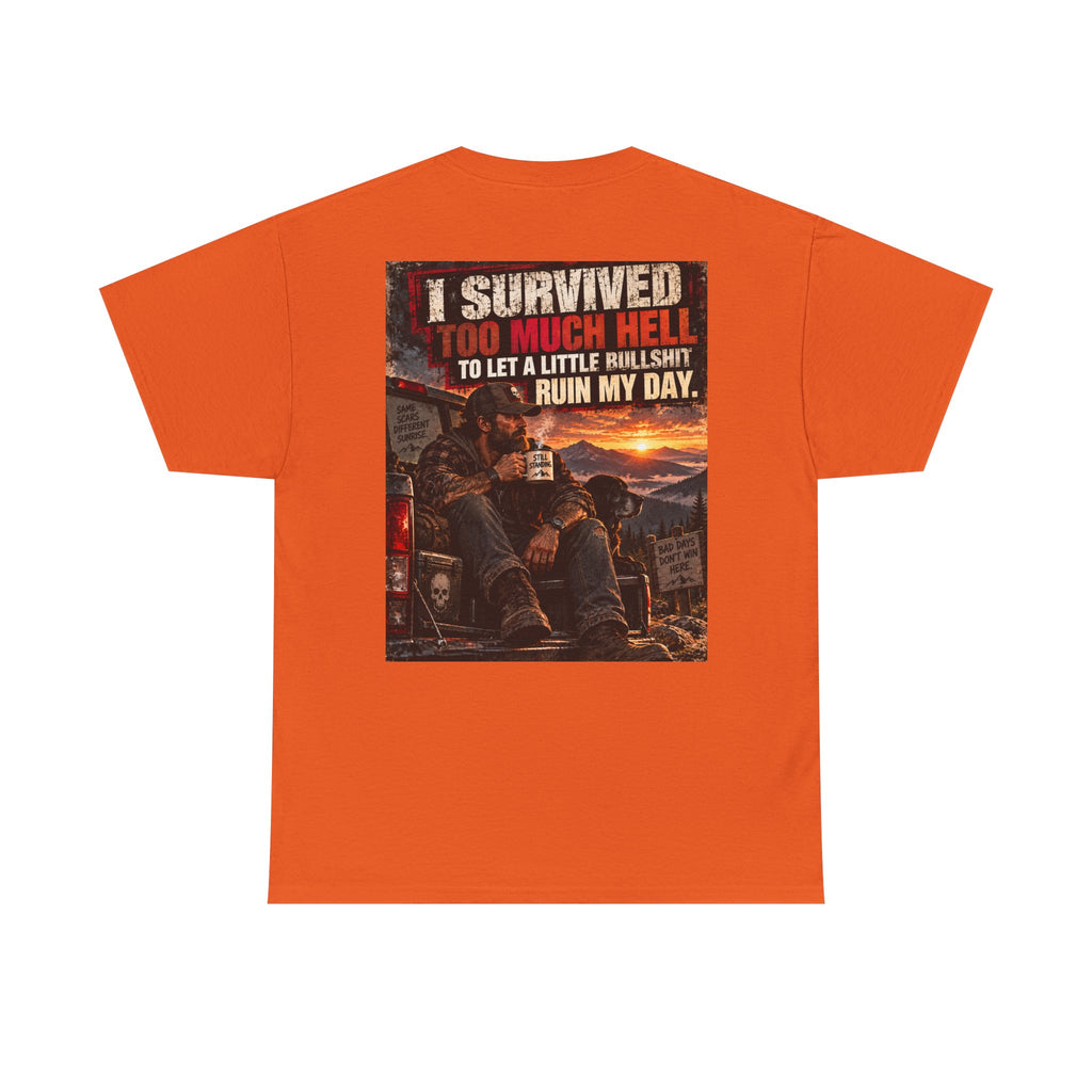 I Survived Too Much Hell T-Shirt – Veteran/Resilient Motorcycle Rider Graphic Tee