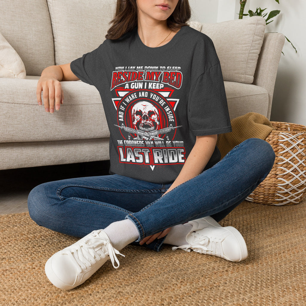 T-Shirt — "Beside My Bed a Gun I Keep" Skull Graphic
