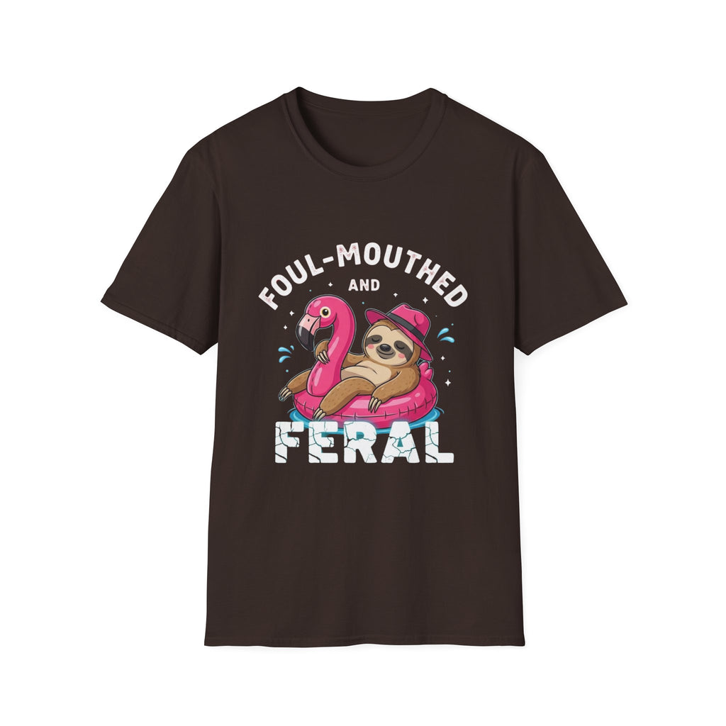 Foul‑Mouthed and Feral Sloth Graphic T-Shirt — Funny Pool Float Flamingo Tee