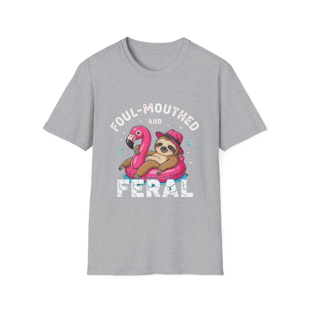 Foul‑Mouthed and Feral Sloth Graphic T-Shirt — Funny Pool Float Flamingo Tee