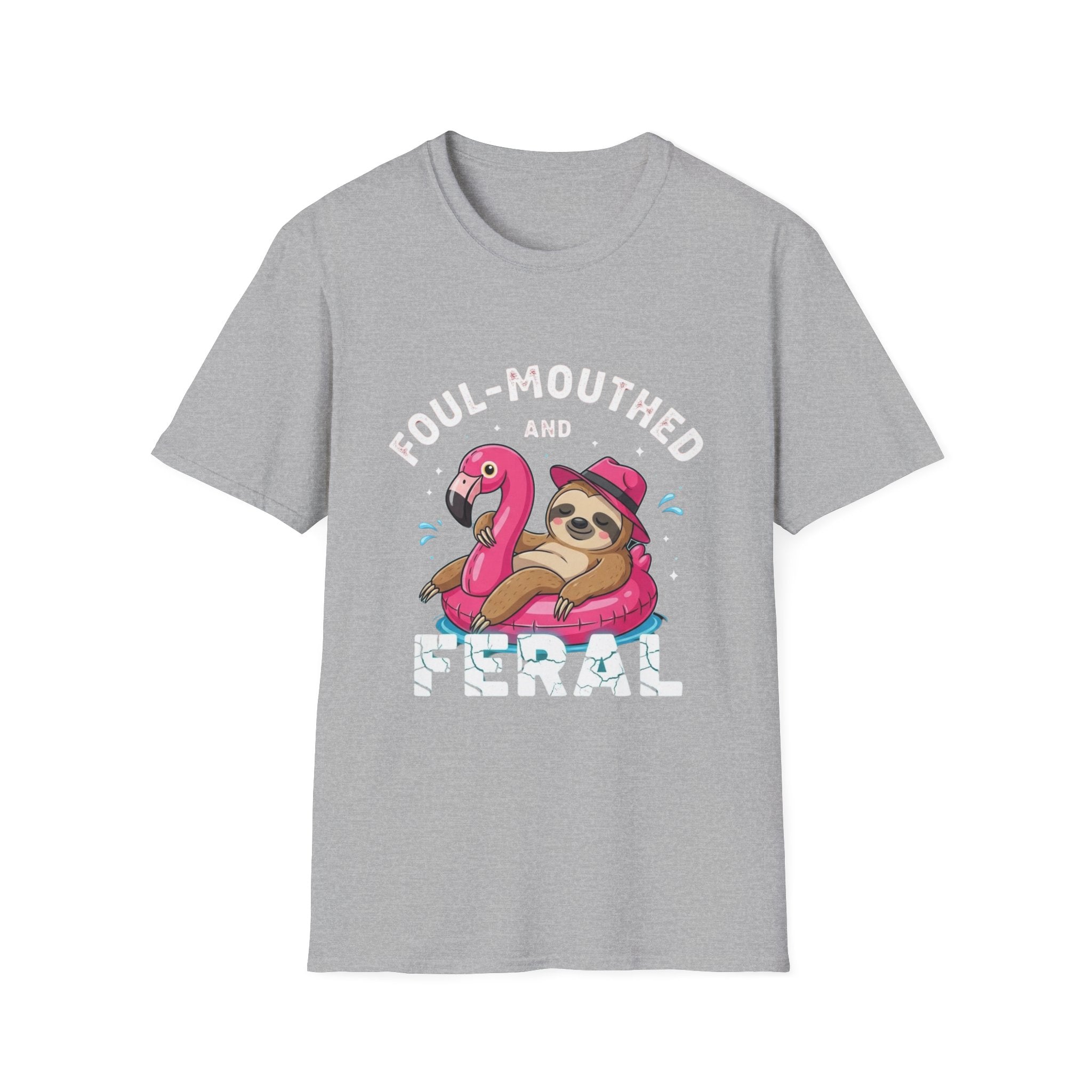 Foul‑Mouthed and Feral Sloth Graphic T-Shirt — Funny Pool Float Flamingo Tee