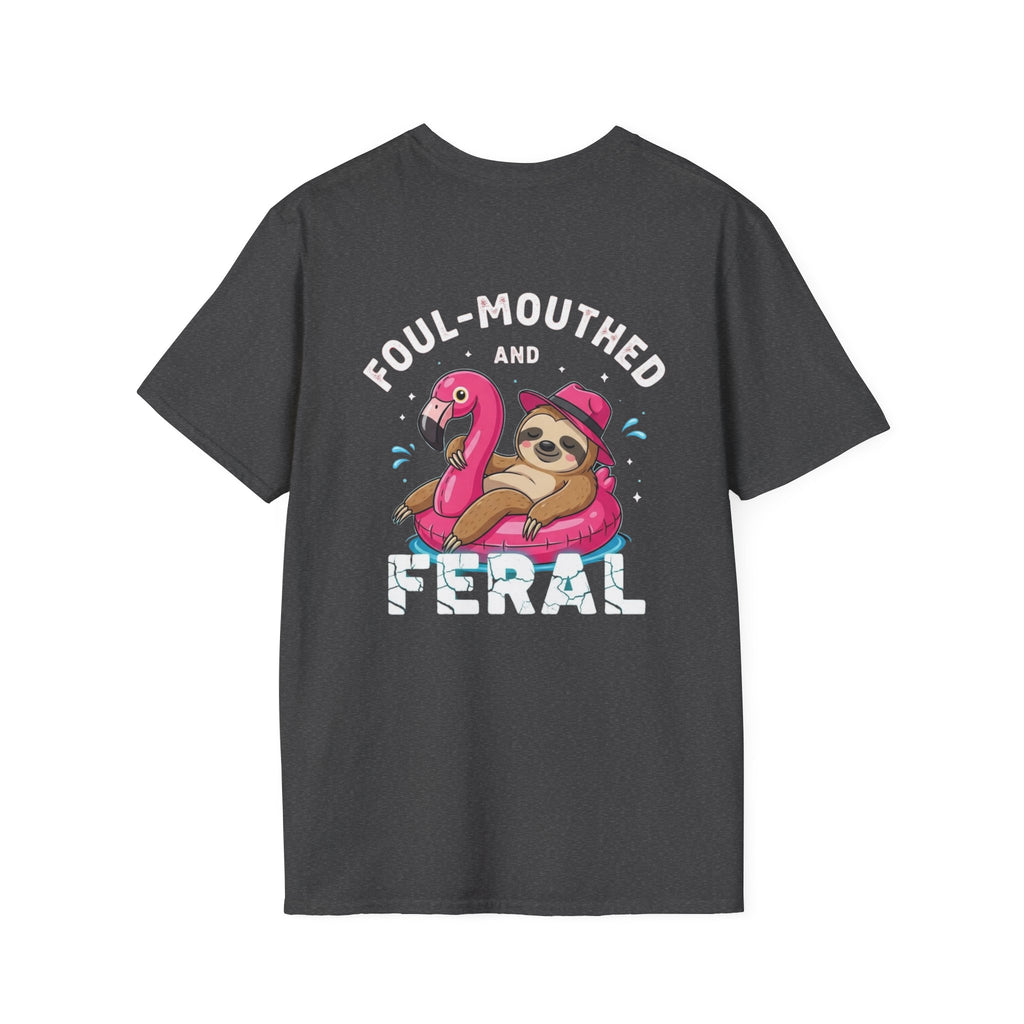 Foul‑Mouthed and Feral Sloth Graphic T-Shirt — Funny Pool Float Flamingo Tee