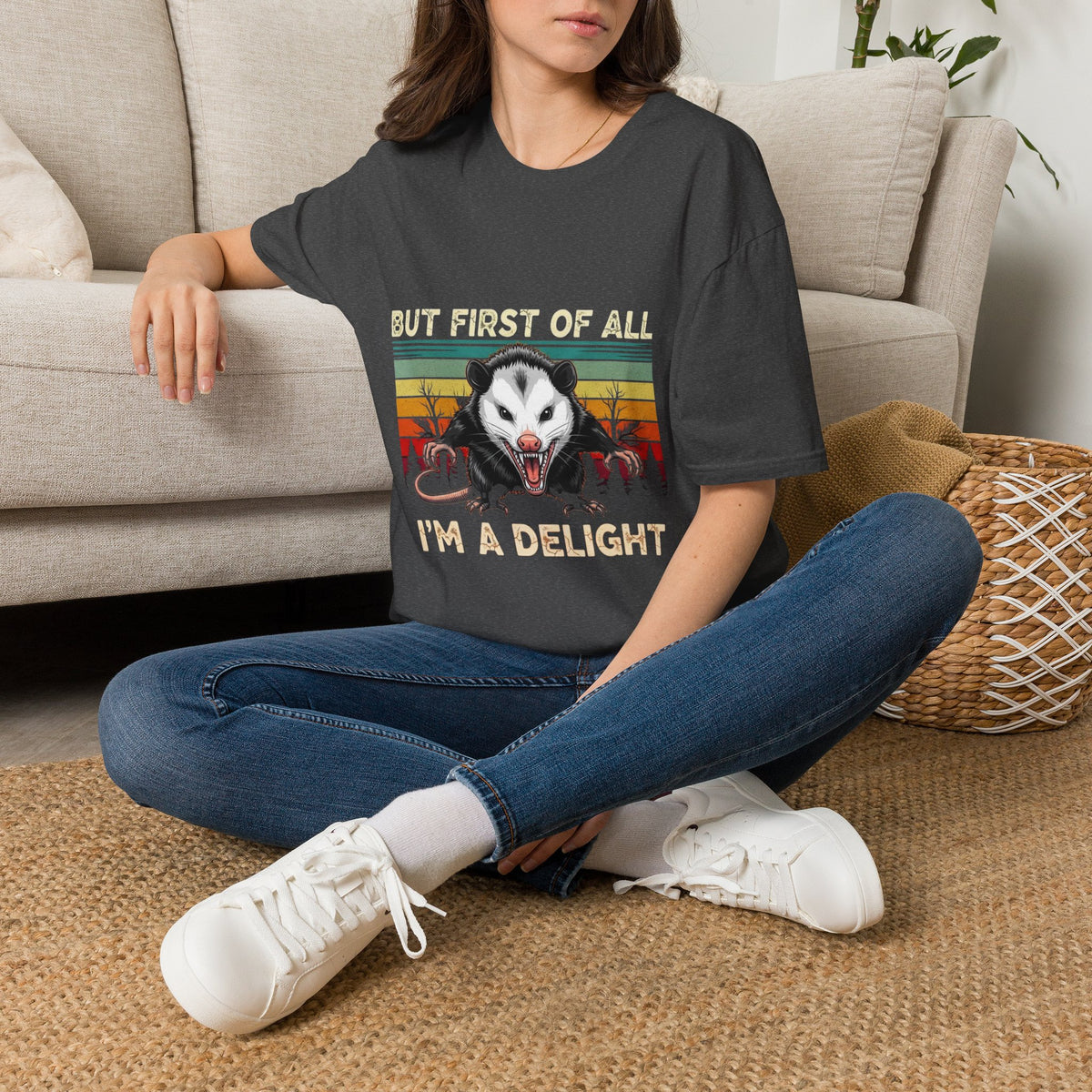 Opossum Graphic Tee — “But First Of All I’m A Delight” Vintage Sunset T-Shirt