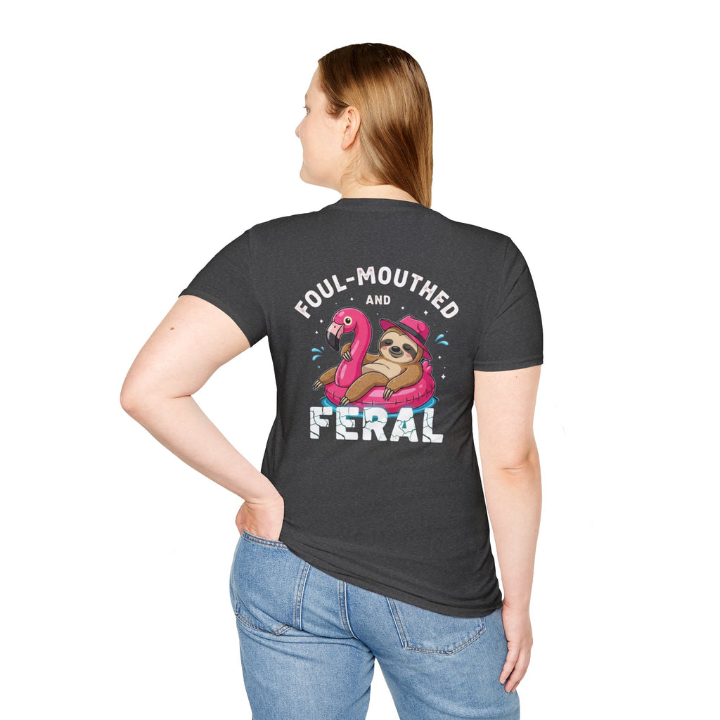 Foul‑Mouthed and Feral Sloth Graphic T-Shirt — Funny Pool Float Flamingo Tee