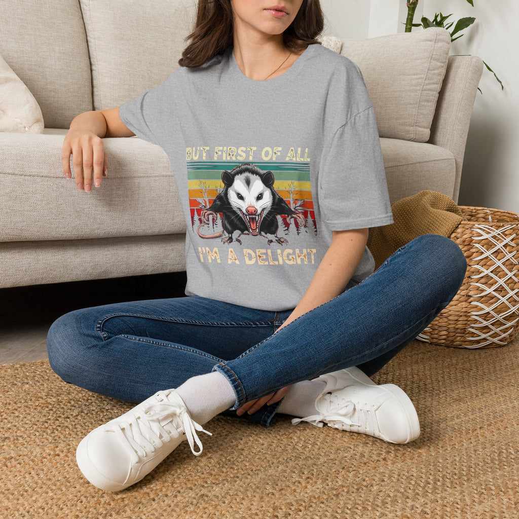 Opossum Graphic Tee — “But First Of All I’m A Delight” Vintage Sunset T-Shirt