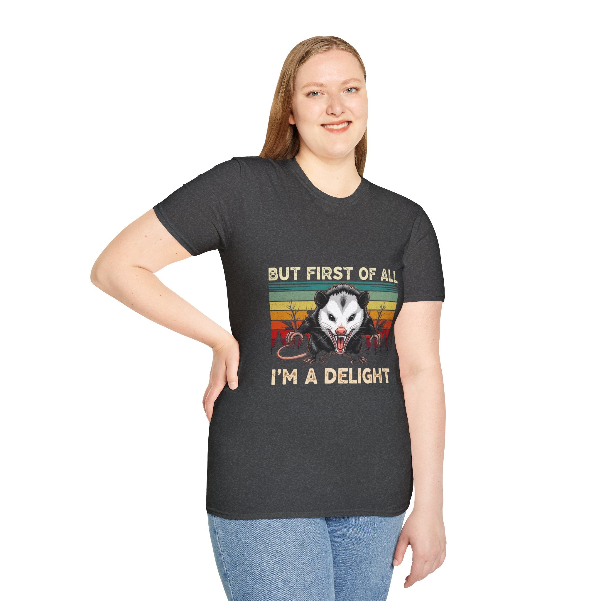 Opossum Graphic Tee — “But First Of All I’m A Delight” Vintage Sunset T-Shirt