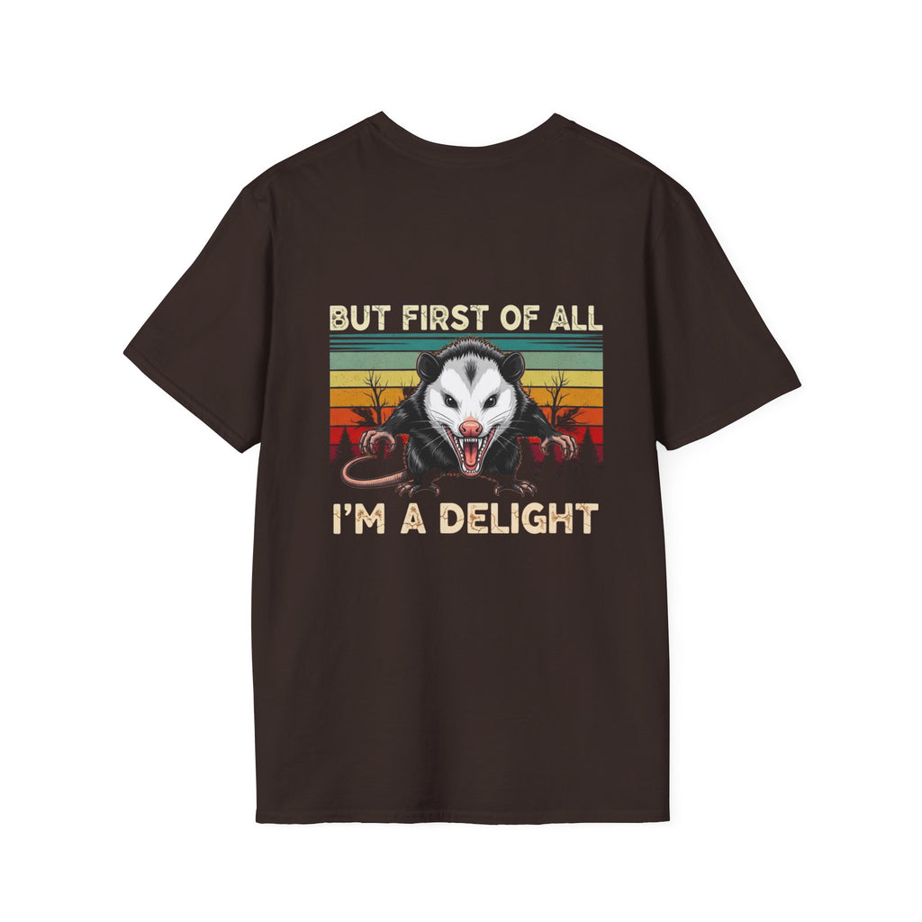 Opossum Graphic Tee — “But First Of All I’m A Delight” Vintage Sunset T-Shirt