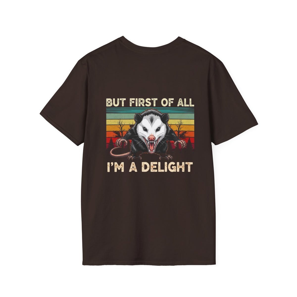 Opossum Graphic Tee — “But First Of All I’m A Delight” Vintage Sunset T-Shirt