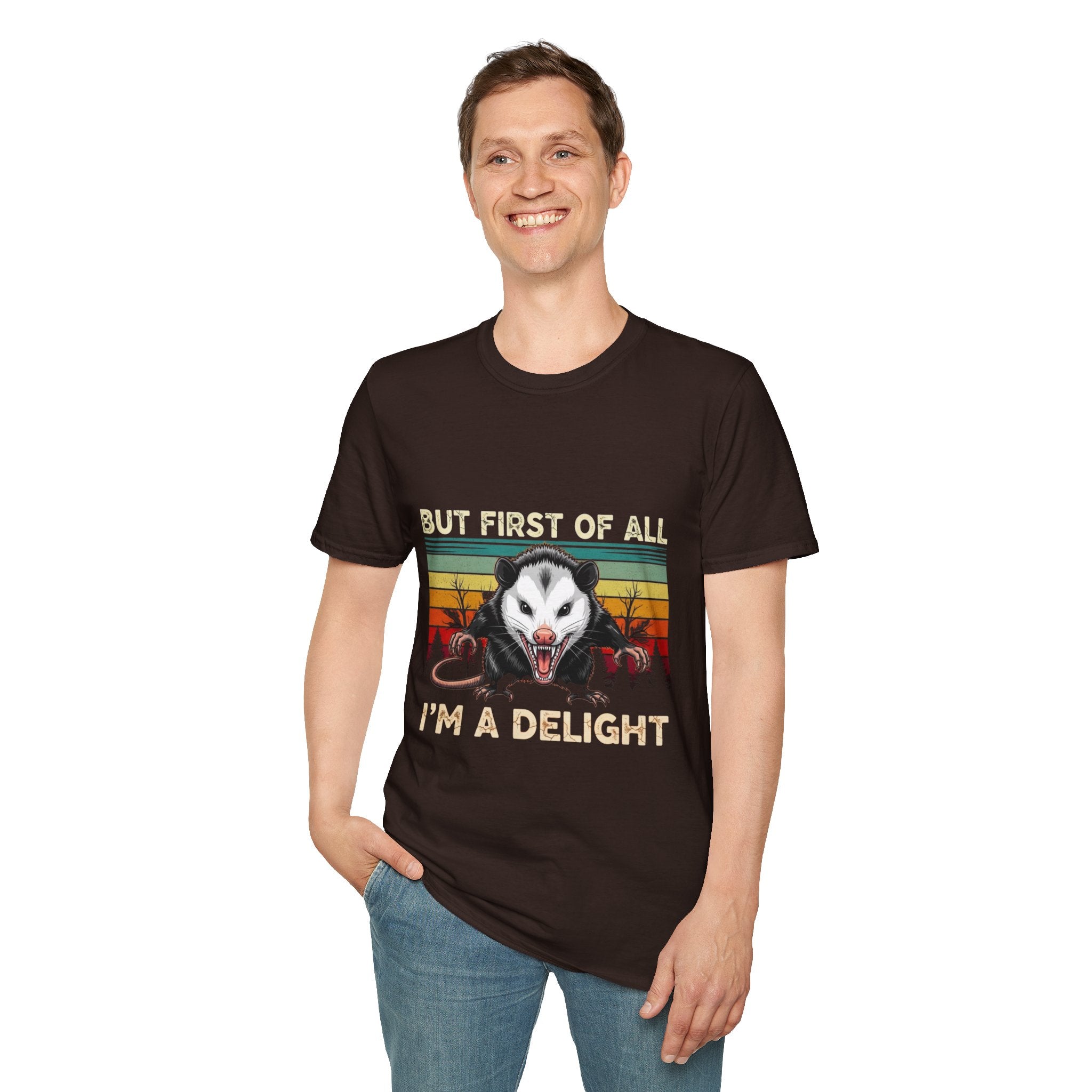 Opossum Graphic Tee — “But First Of All I’m A Delight” Vintage Sunset T-Shirt