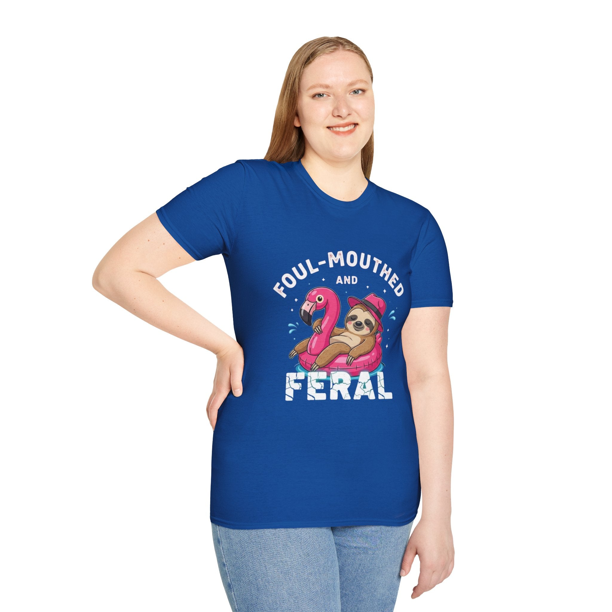Foul‑Mouthed and Feral Sloth Graphic T-Shirt — Funny Pool Float Flamingo Tee
