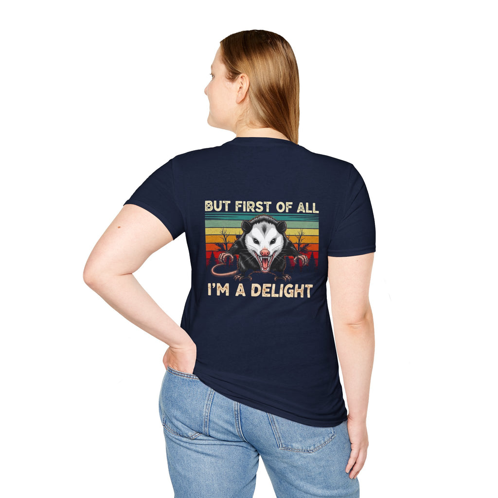 Opossum Graphic Tee — “But First Of All I’m A Delight” Vintage Sunset T-Shirt