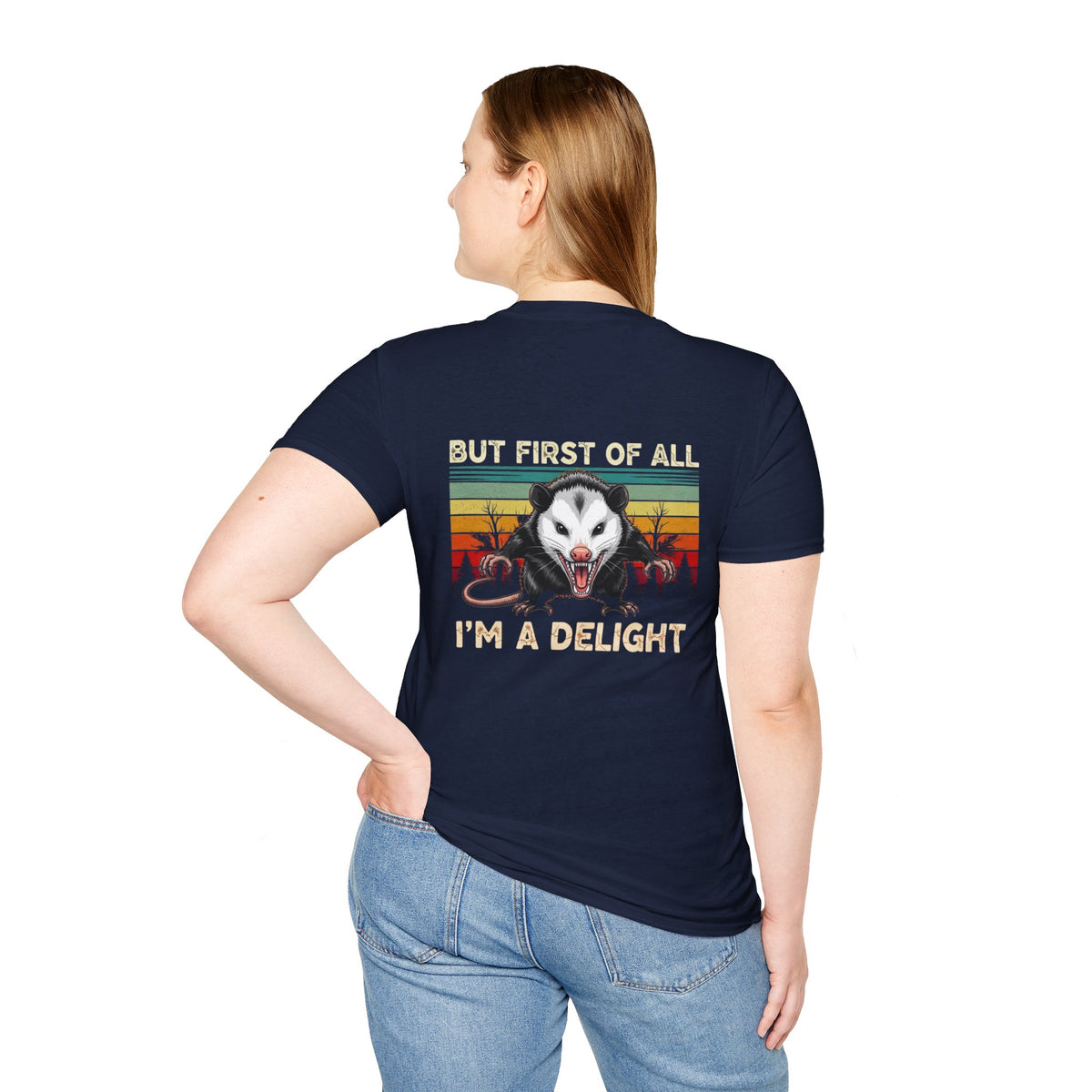 Opossum Graphic Tee — “But First Of All I’m A Delight” Vintage Sunset T-Shirt