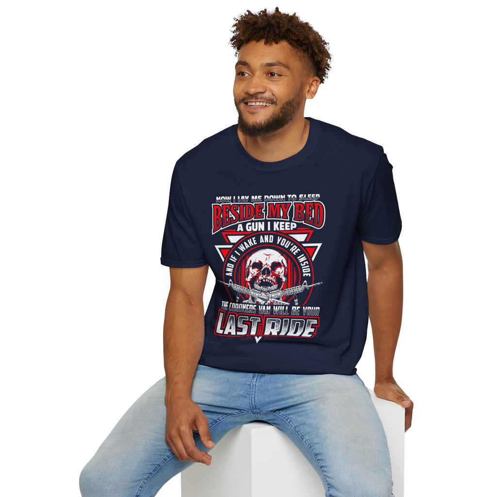 T-Shirt — "Beside My Bed a Gun I Keep" Skull Graphic