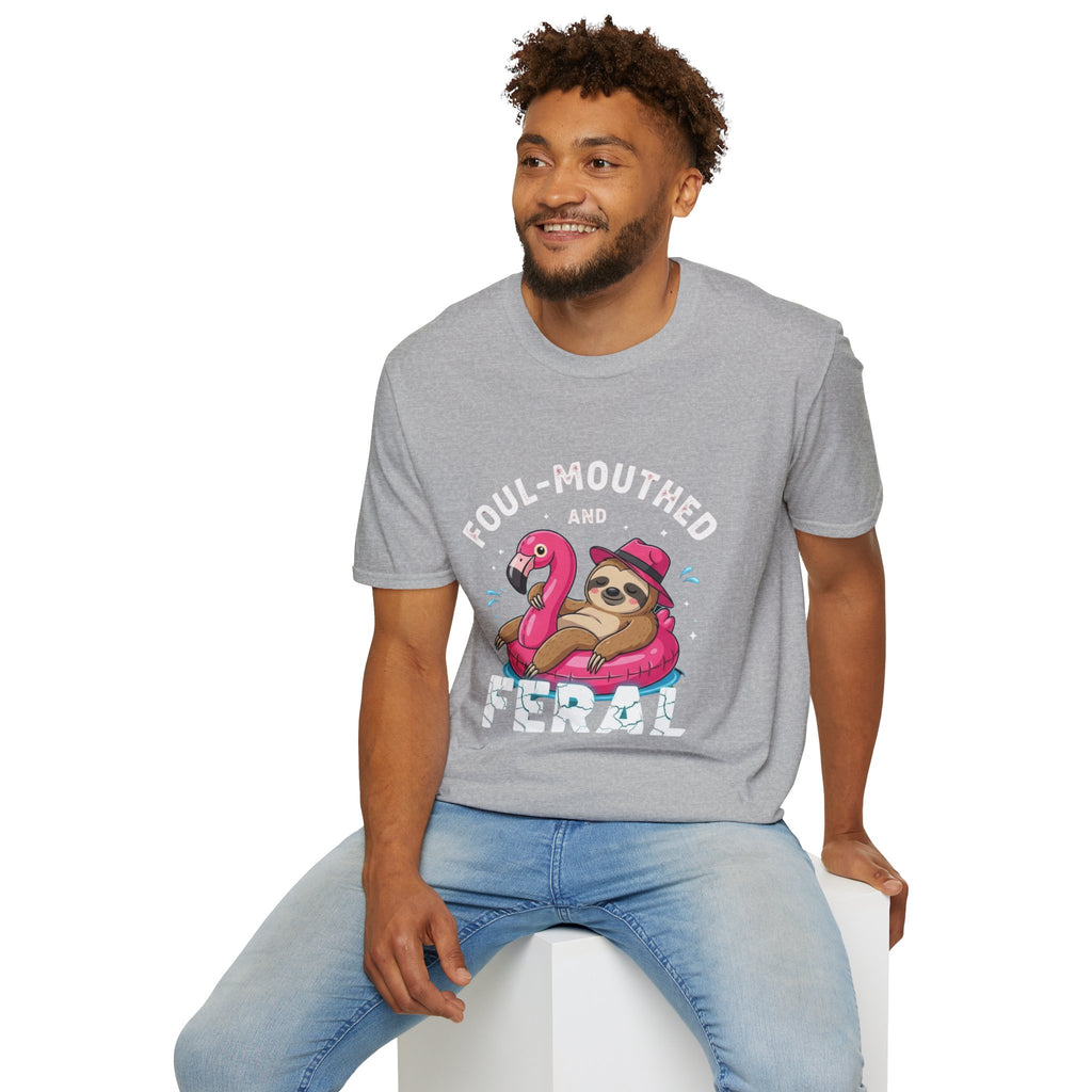 Foul‑Mouthed and Feral Sloth Graphic T-Shirt — Funny Pool Float Flamingo Tee