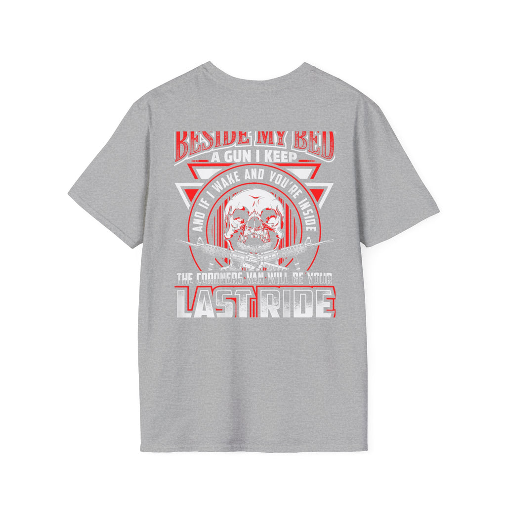 T-Shirt — "Beside My Bed a Gun I Keep" Skull Graphic