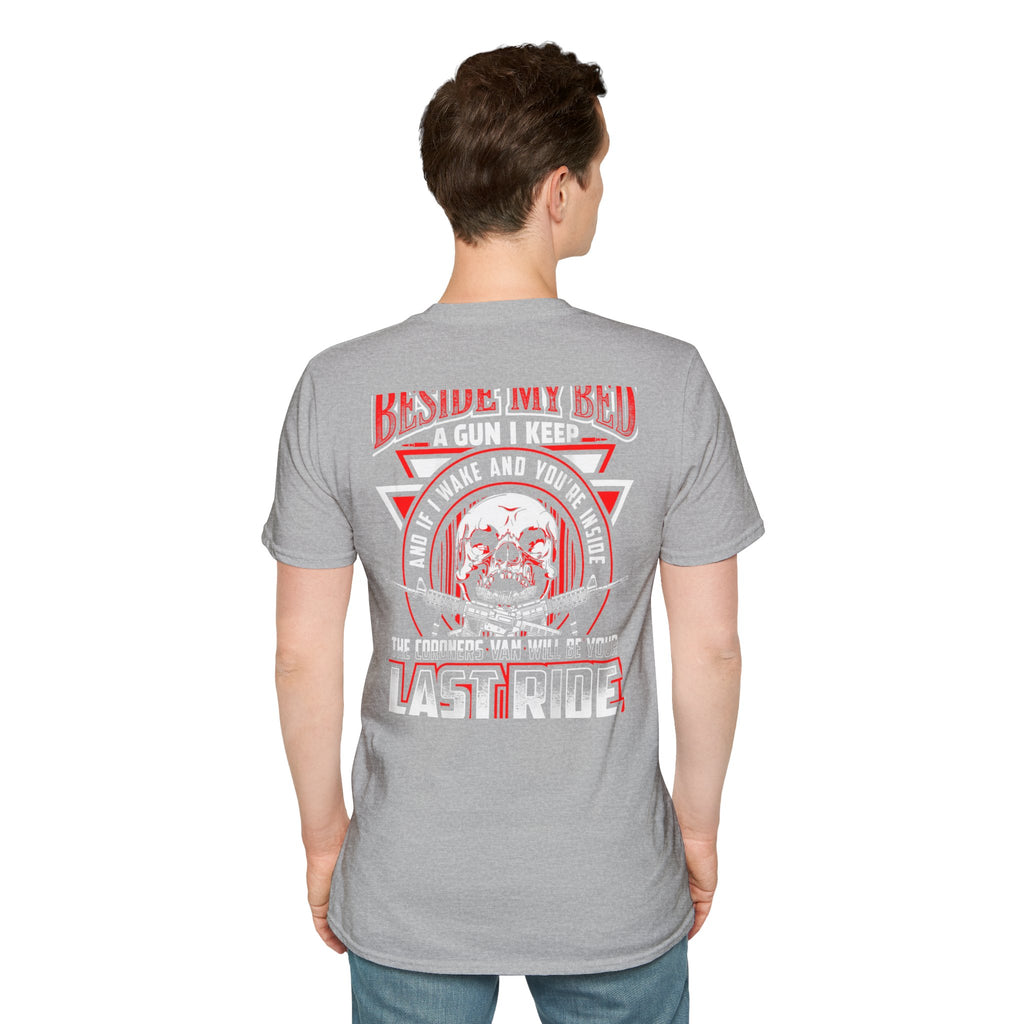T-Shirt — "Beside My Bed a Gun I Keep" Skull Graphic