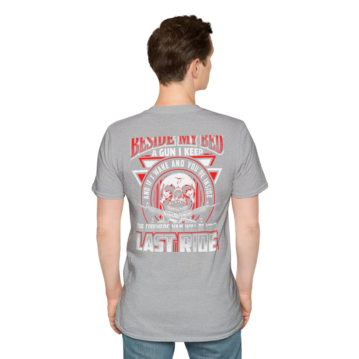 T-Shirt — "Beside My Bed a Gun I Keep" Skull Graphic