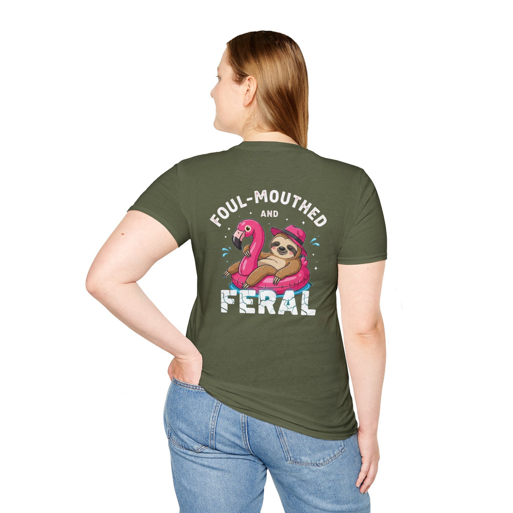 Foul‑Mouthed and Feral Sloth Graphic T-Shirt — Funny Pool Float Flamingo Tee