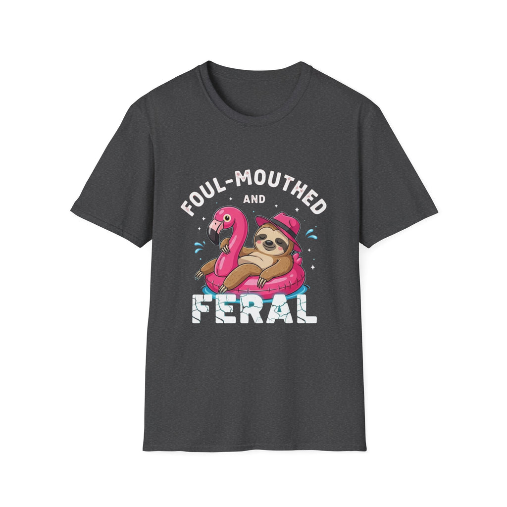 Foul‑Mouthed and Feral Sloth Graphic T-Shirt — Funny Pool Float Flamingo Tee