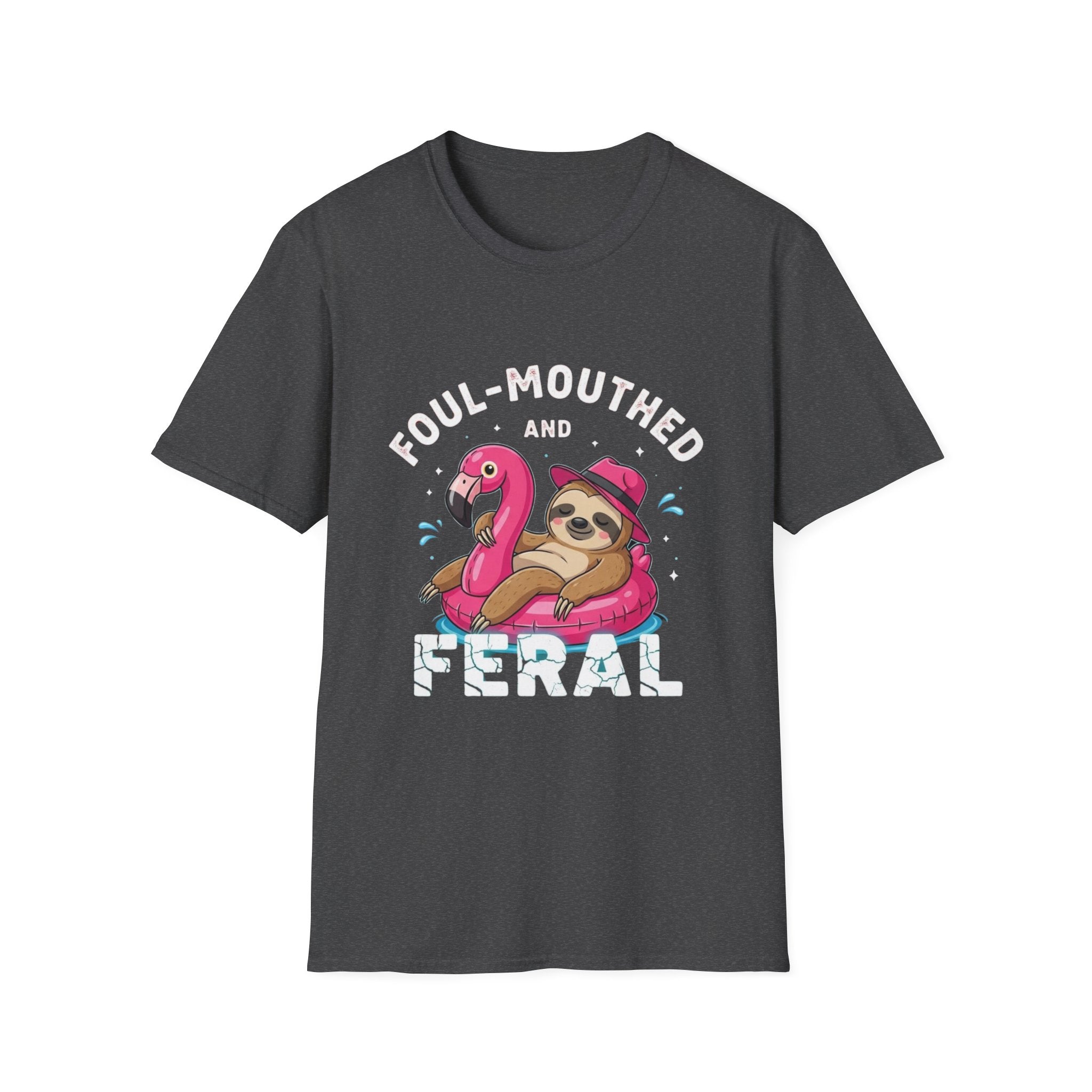 Foul‑Mouthed and Feral Sloth Graphic T-Shirt — Funny Pool Float Flamingo Tee