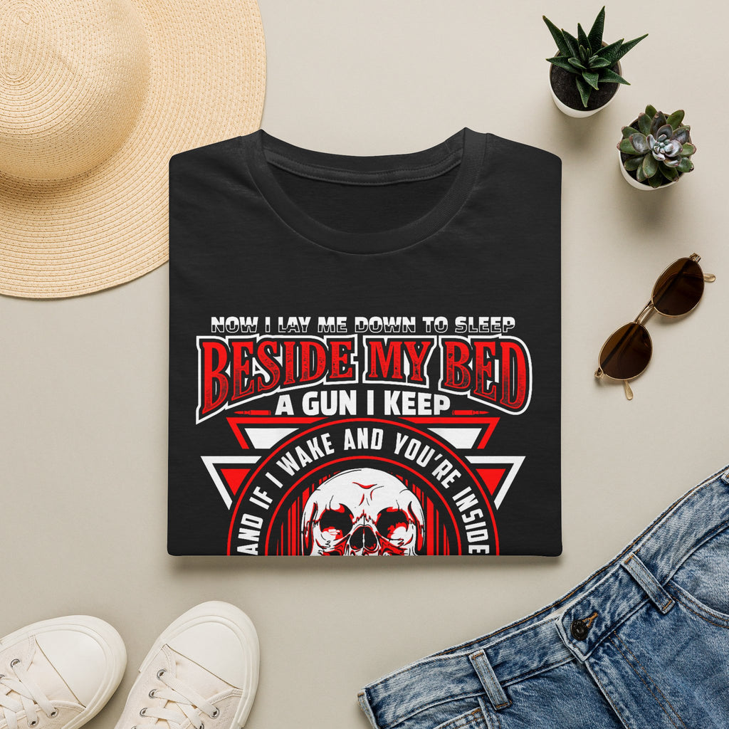 T-Shirt — "Beside My Bed a Gun I Keep" Skull Graphic