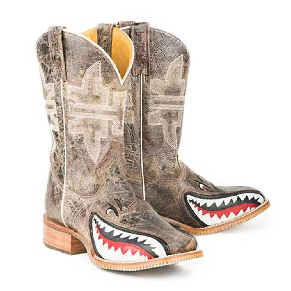 Tin Haul Toastin a Gnarly Shark / Beer Girl Sole (Brown Crackle) - Men's Leather Cowboy Boots