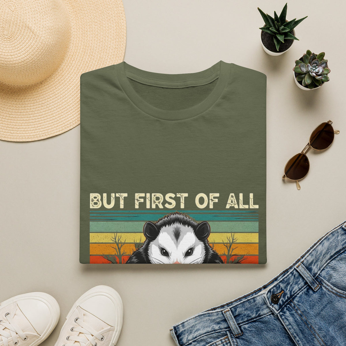 Opossum Graphic Tee — “But First Of All I’m A Delight” Vintage Sunset T-Shirt