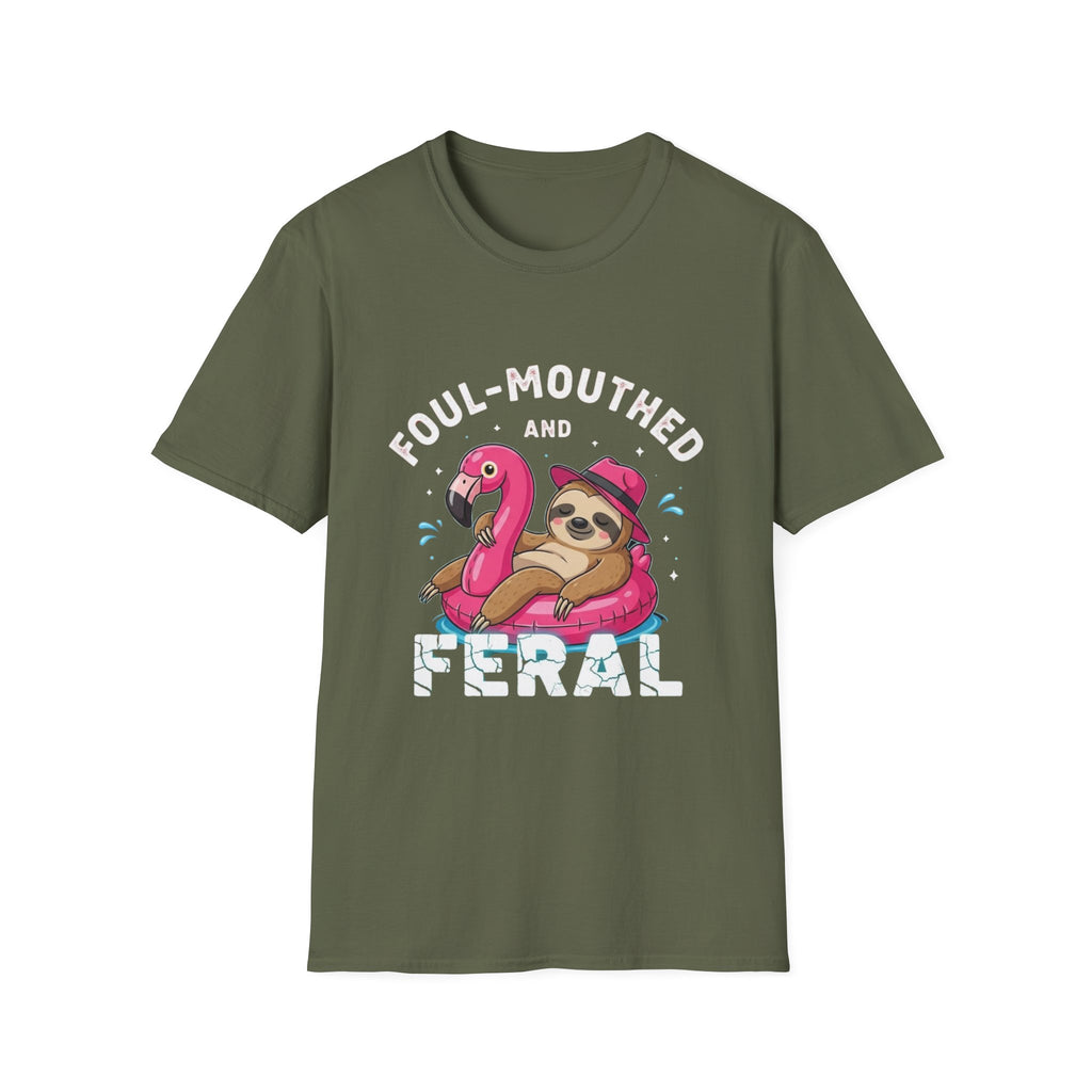 Foul‑Mouthed and Feral Sloth Graphic T-Shirt — Funny Pool Float Flamingo Tee