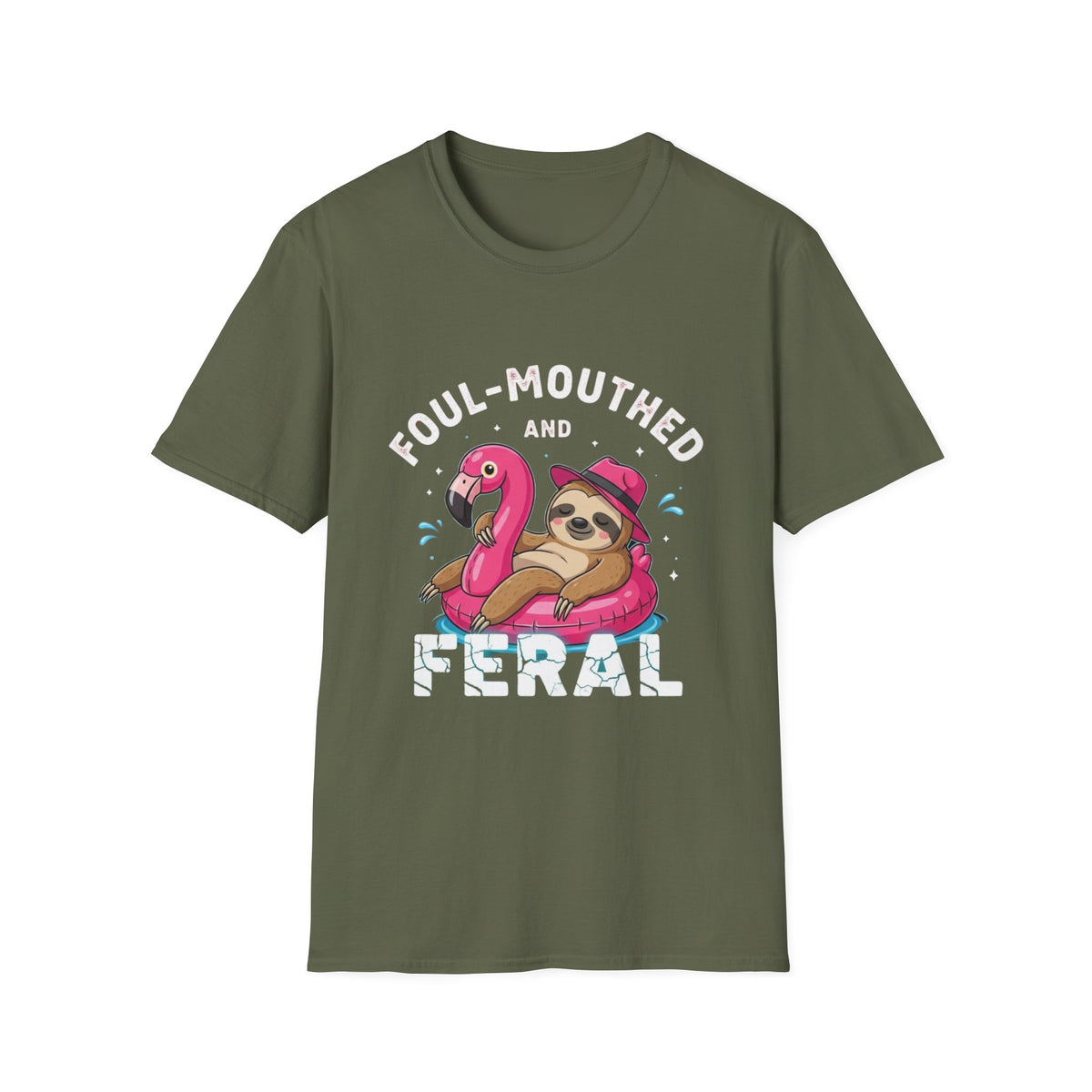 Foul‑Mouthed and Feral Sloth Graphic T-Shirt — Funny Pool Float Flamingo Tee