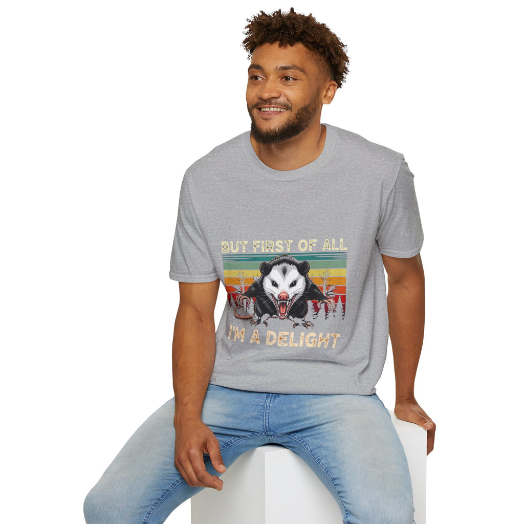 Opossum Graphic Tee — “But First Of All I’m A Delight” Vintage Sunset T-Shirt