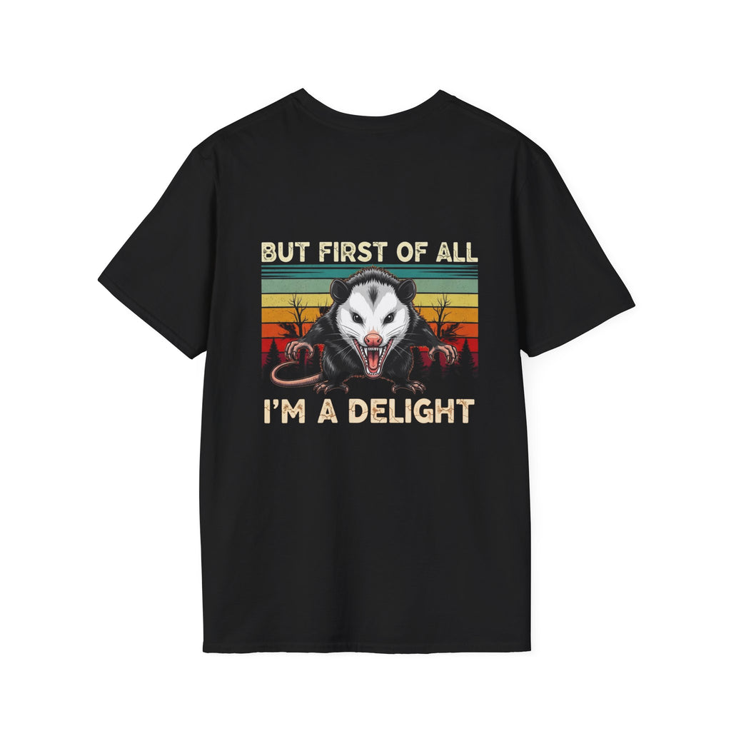 Opossum Graphic Tee — “But First Of All I’m A Delight” Vintage Sunset T-Shirt