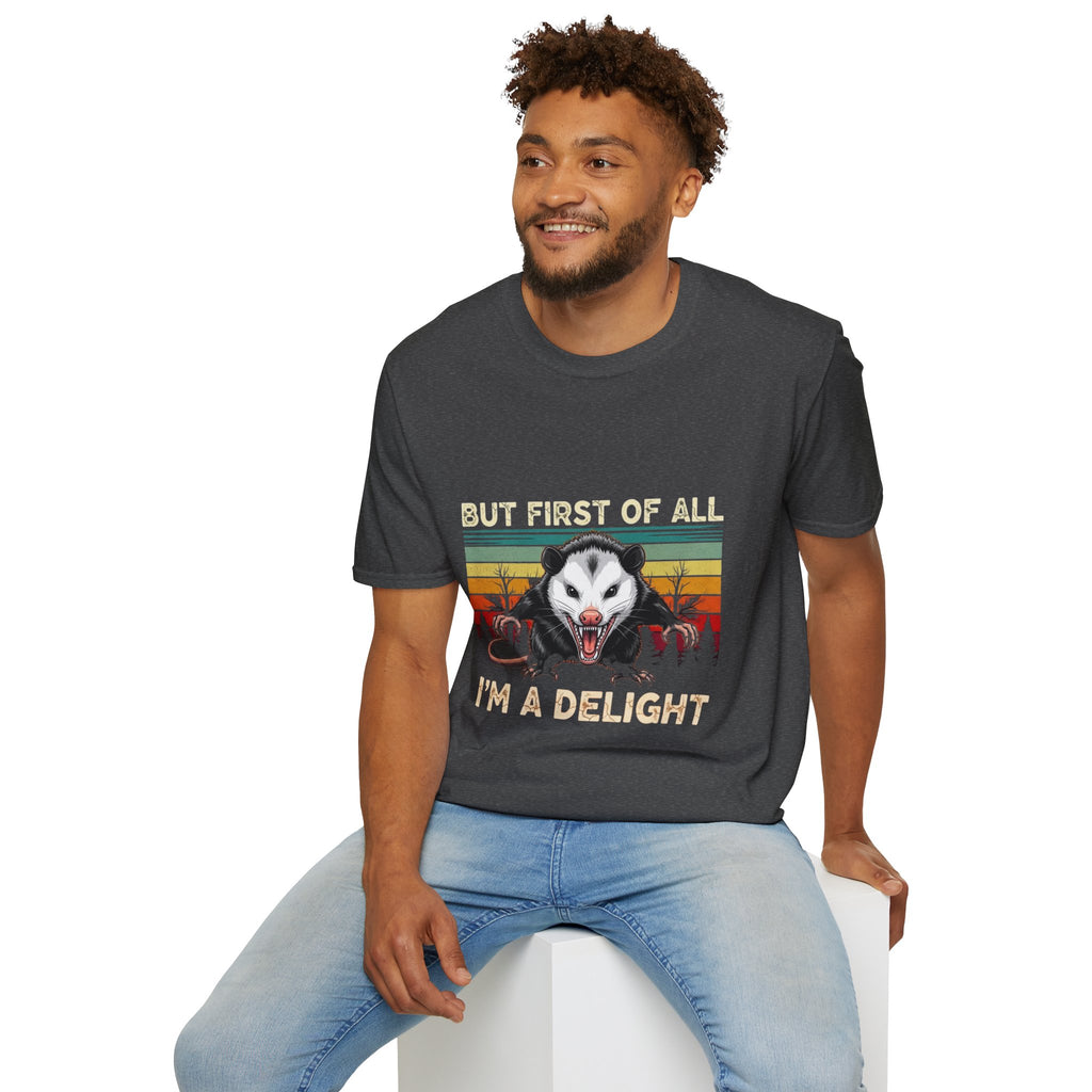 Opossum Graphic Tee — “But First Of All I’m A Delight” Vintage Sunset T-Shirt