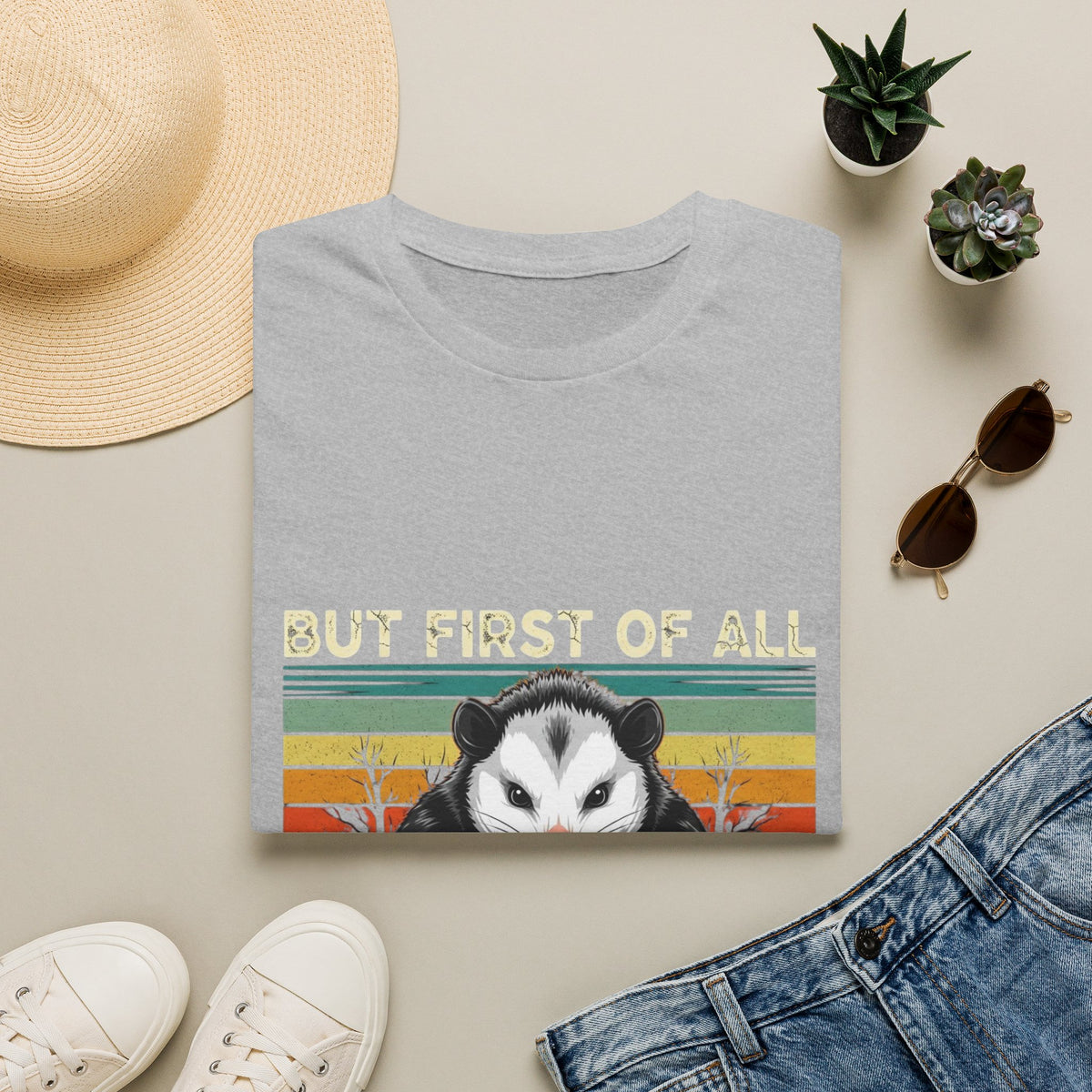 Opossum Graphic Tee — “But First Of All I’m A Delight” Vintage Sunset T-Shirt