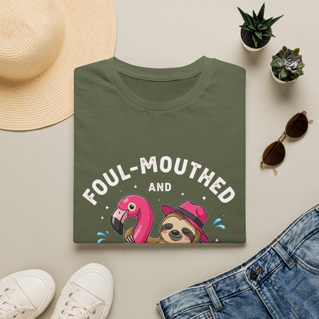 Foul‑Mouthed and Feral Sloth Graphic T-Shirt — Funny Pool Float Flamingo Tee