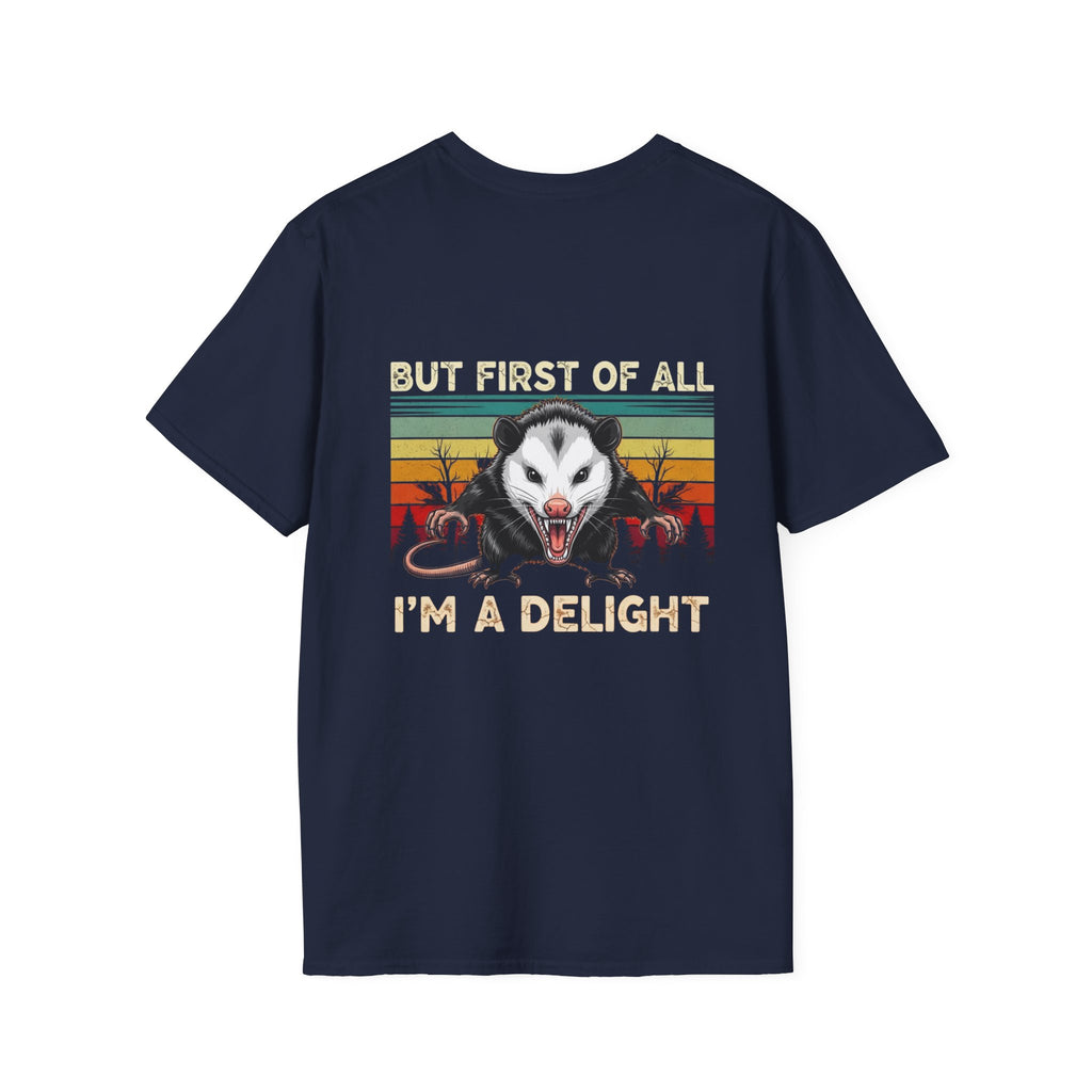 Opossum Graphic Tee — “But First Of All I’m A Delight” Vintage Sunset T-Shirt