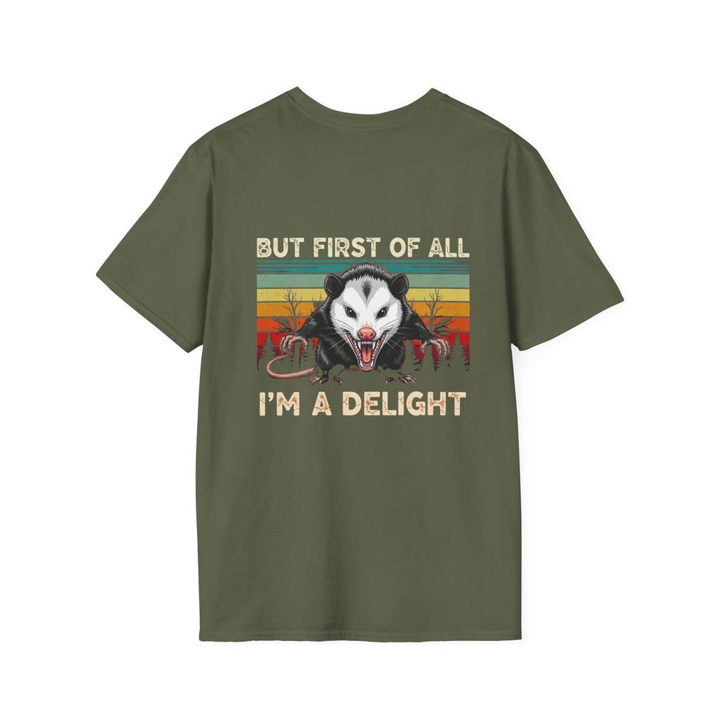 Opossum Graphic Tee — “But First Of All I’m A Delight” Vintage Sunset T-Shirt
