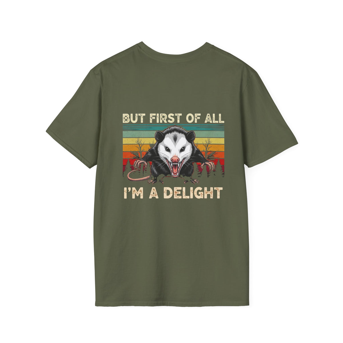 Opossum Graphic Tee — “But First Of All I’m A Delight” Vintage Sunset T-Shirt