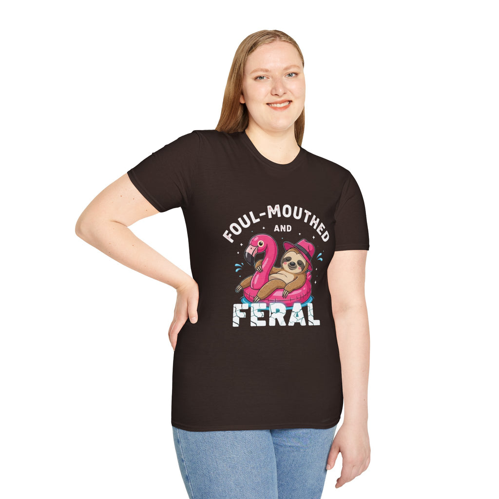 Foul‑Mouthed and Feral Sloth Graphic T-Shirt — Funny Pool Float Flamingo Tee