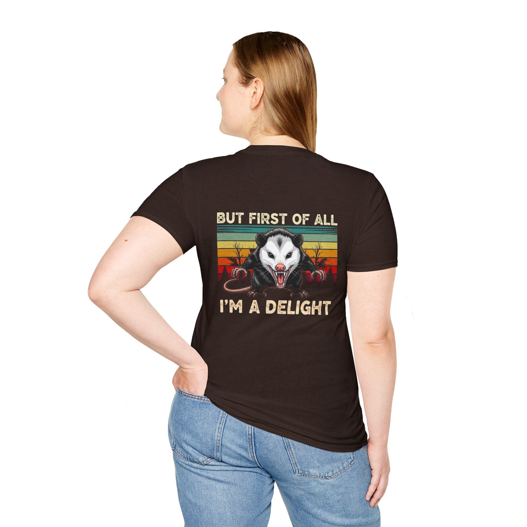 Opossum Graphic Tee — “But First Of All I’m A Delight” Vintage Sunset T-Shirt