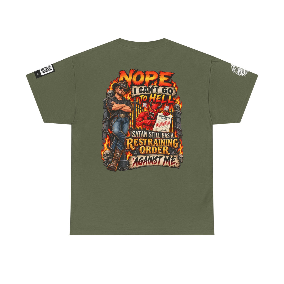 Satan Still Has a Restraining Order Against Me Back Graphic Tee