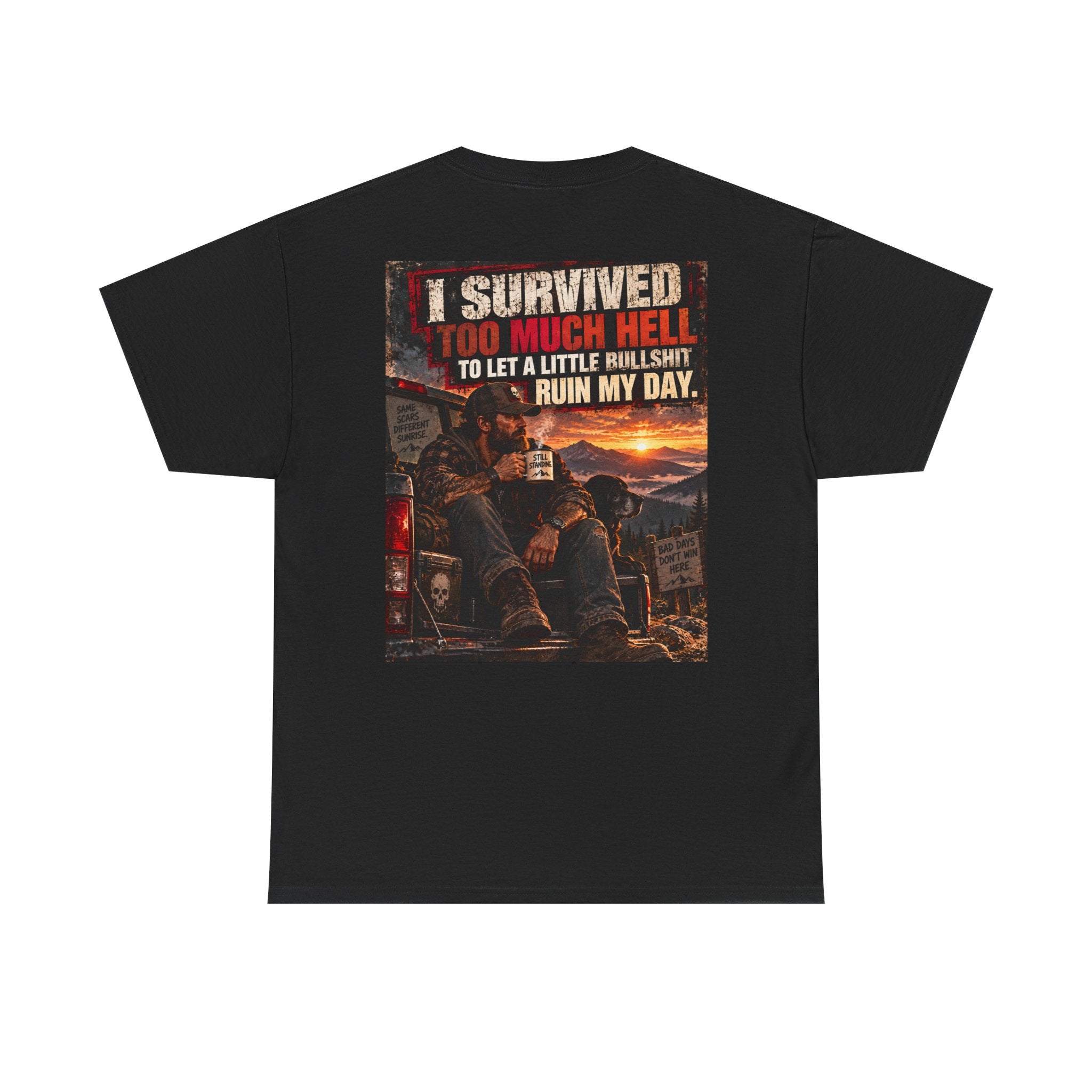 I Survived Too Much Hell T-Shirt – Veteran/Resilient Motorcycle Rider Graphic Tee