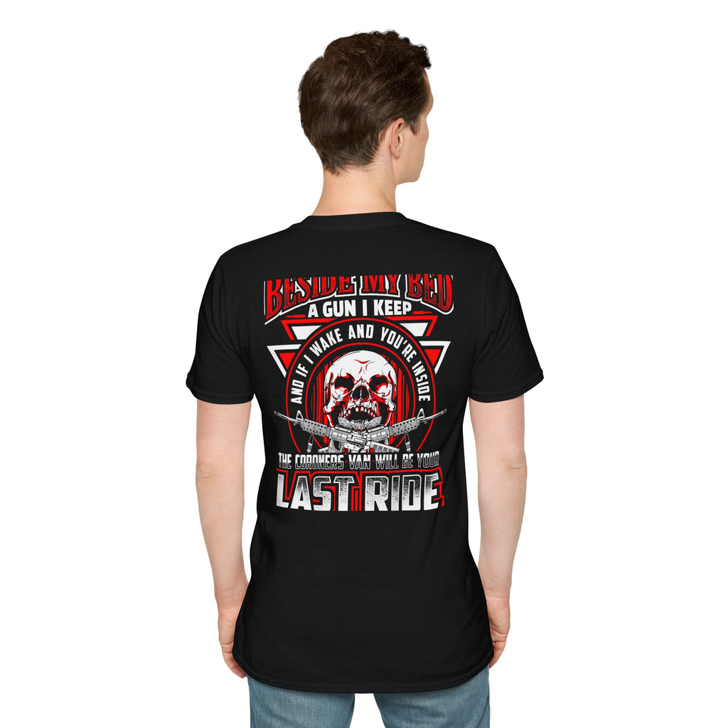 T-Shirt — "Beside My Bed a Gun I Keep" Skull Graphic