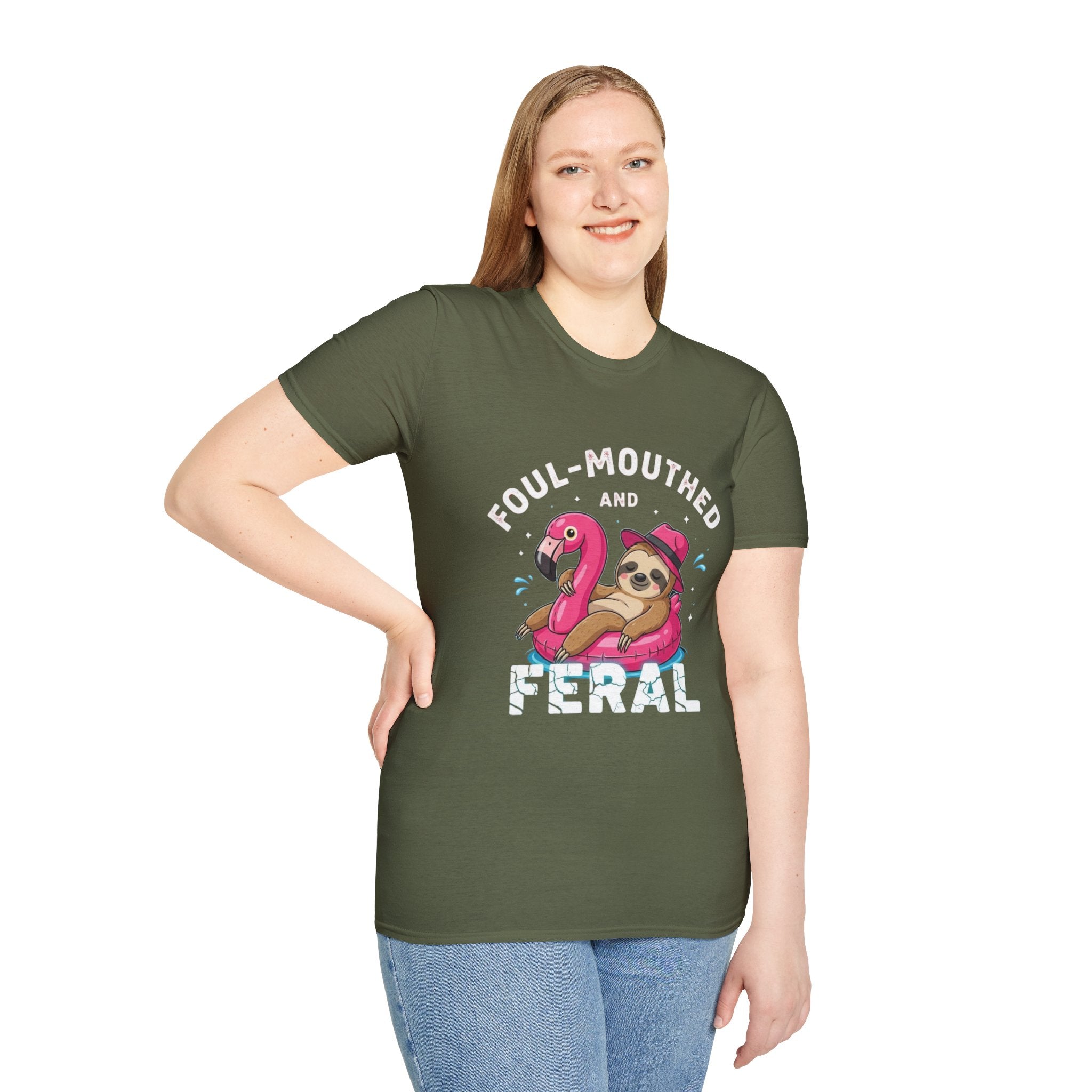Foul‑Mouthed and Feral Sloth Graphic T-Shirt — Funny Pool Float Flamingo Tee