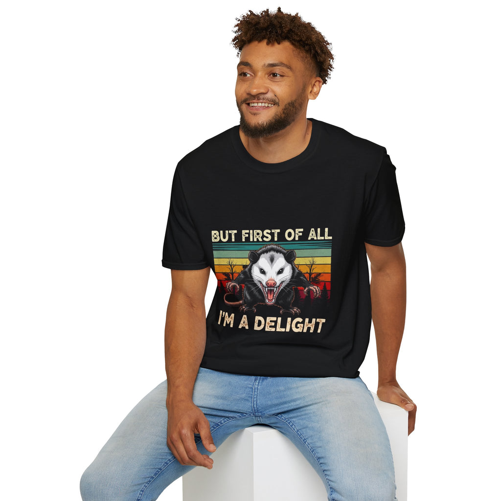 Opossum Graphic Tee — “But First Of All I’m A Delight” Vintage Sunset T-Shirt