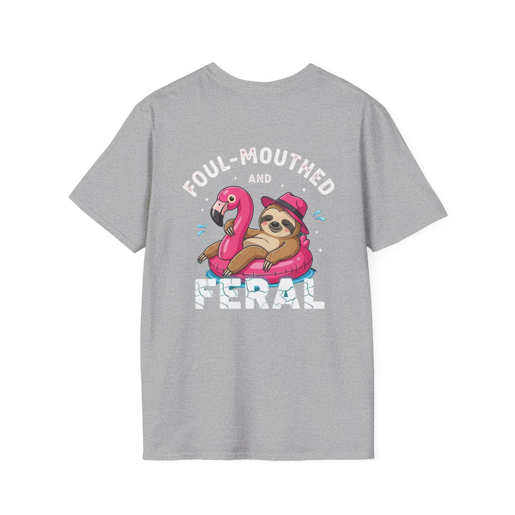 Foul‑Mouthed and Feral Sloth Graphic T-Shirt — Funny Pool Float Flamingo Tee